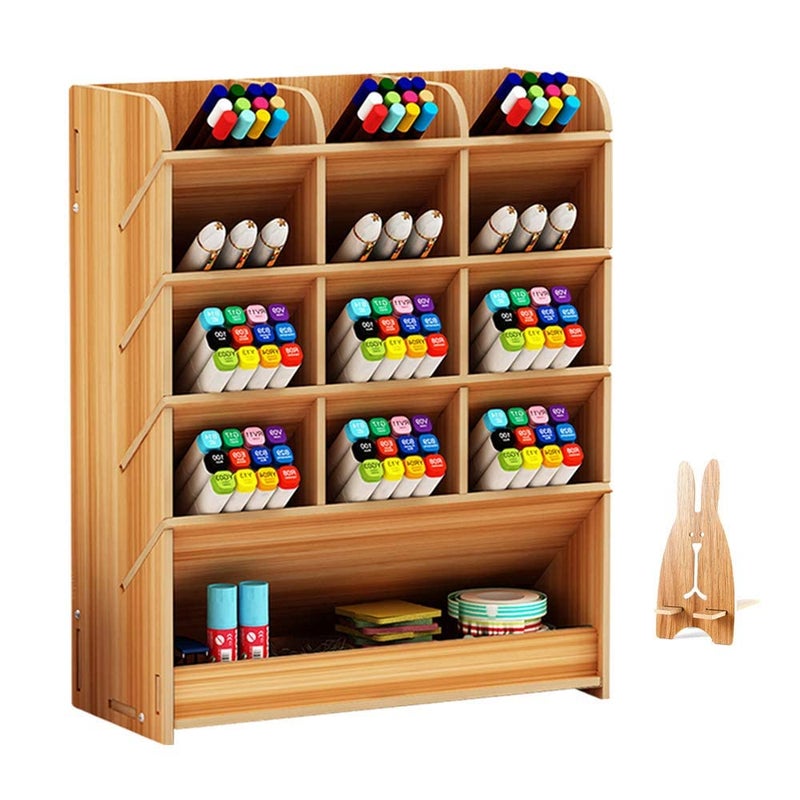 Hggzeg Wooden Desk Organizer, Multi-Functional DIY Pen Holder Storage Box Desktop Stationary Storage Rack for Home, Office and School (B12 Cherry Color) - Image 1